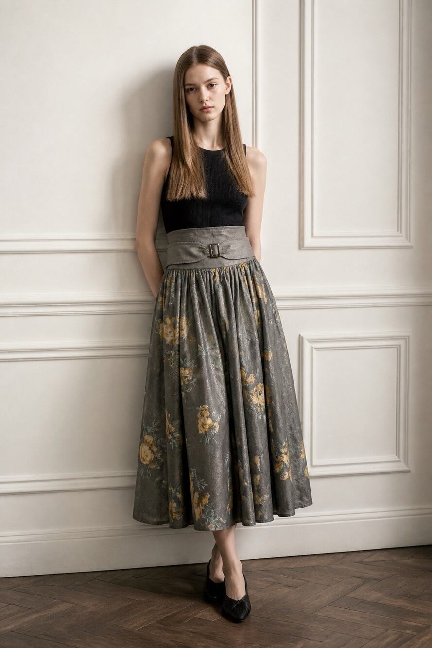 Vintage Axes Femme M/L Belted Midi Flare Skirt Olive Floral Pattern Silky Fabric